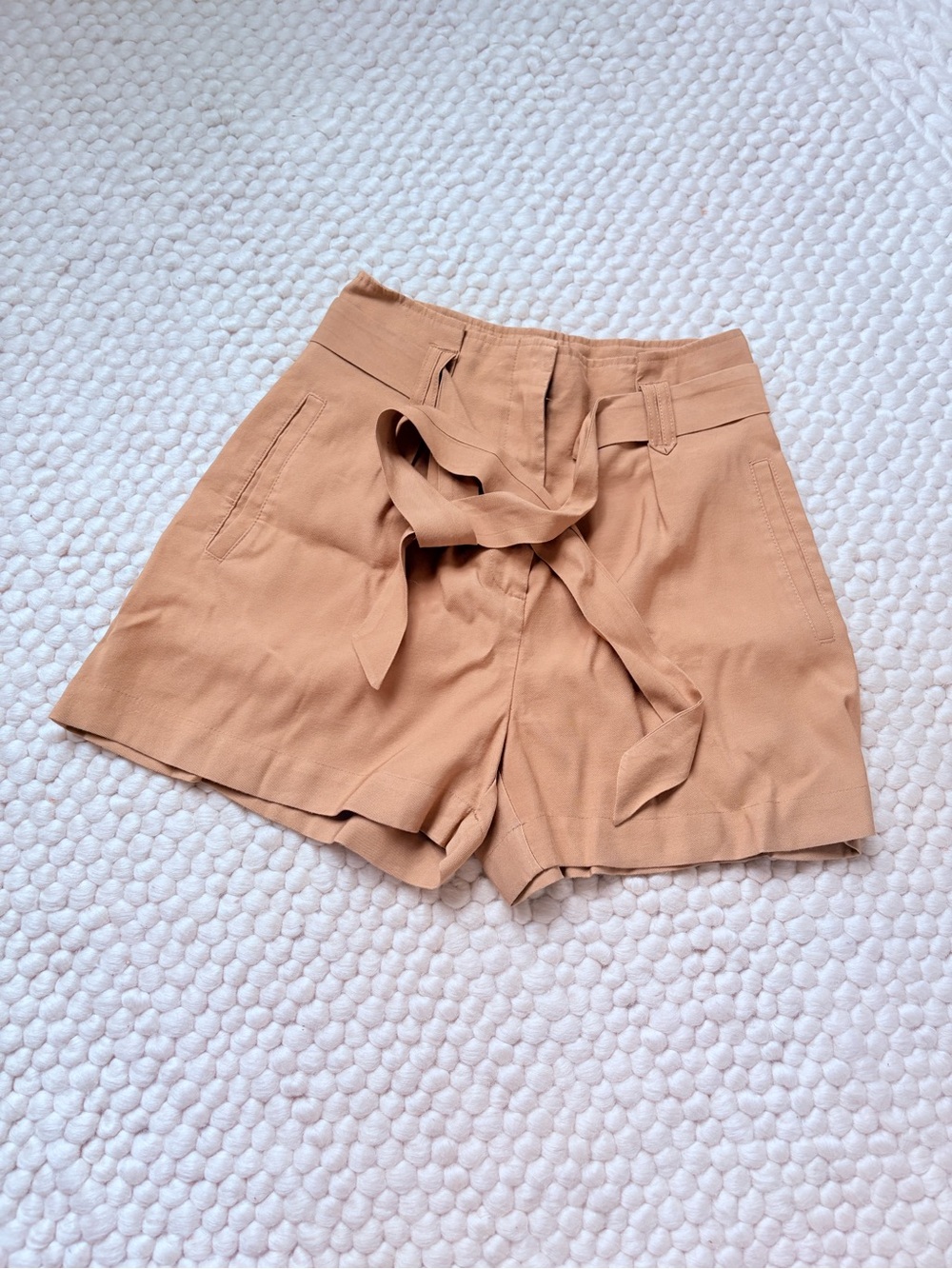 Sezane High-Waist Tie-Belt Shorts in Camel